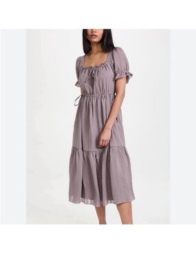 Smocked Square-Neck Midi Dress in Fig Mauve